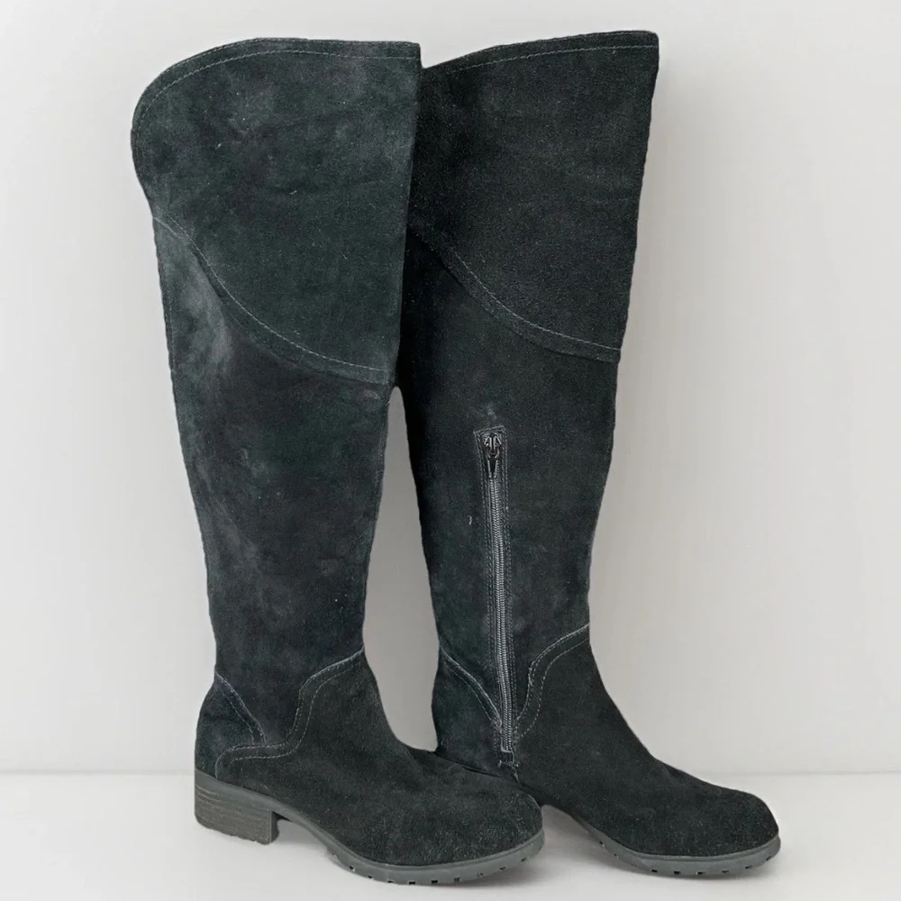 Lucky Brand Calypso‎ Boots Womens 7 Black Suede Over The Knee Low Heel Lug Sole